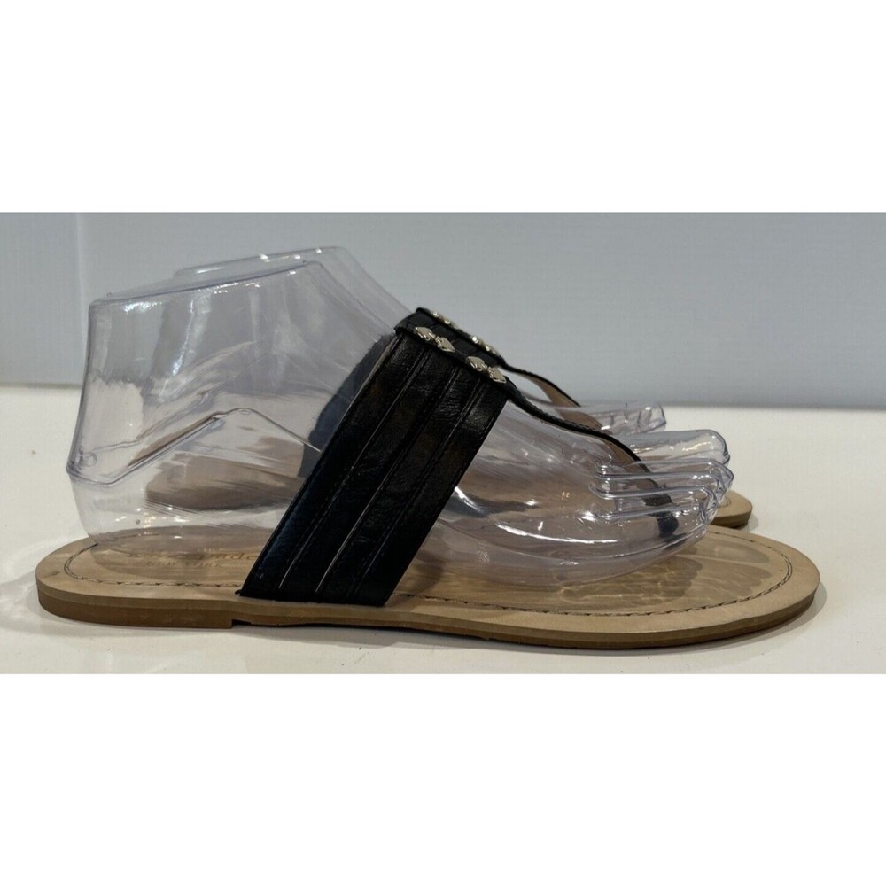 Kate Spade Women's 8 Black Leather Thong Gold Charm Strappy Sandals Flats